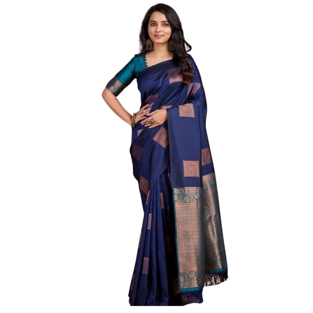 Generic Women's Silk Printed Saree With Unstitched Blouse 5.5Mtr (Navy Blue) Main image
