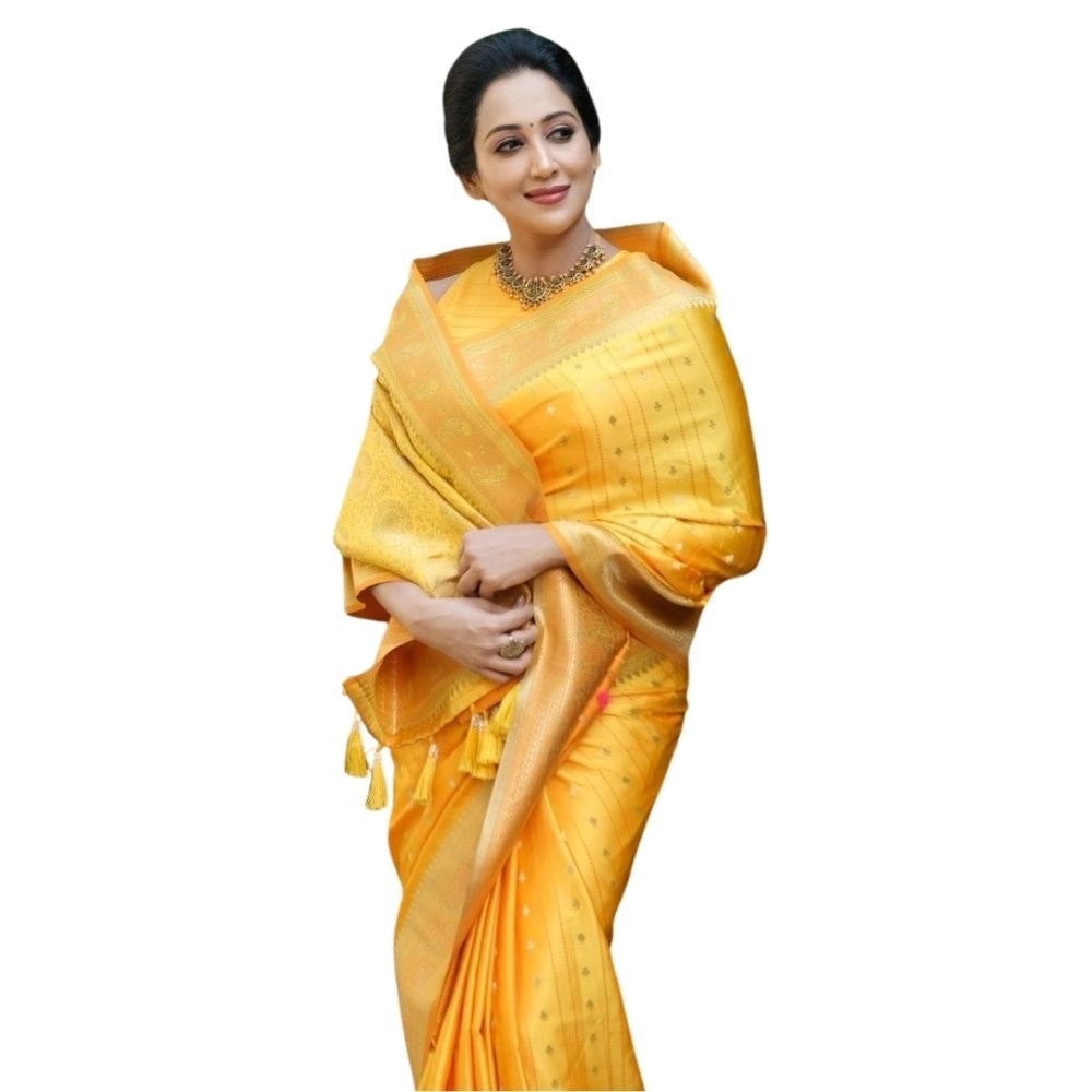 Generic Women's Silk Printed Saree With Unstitched Blouse 5.5Mtr (Yellow) Main image