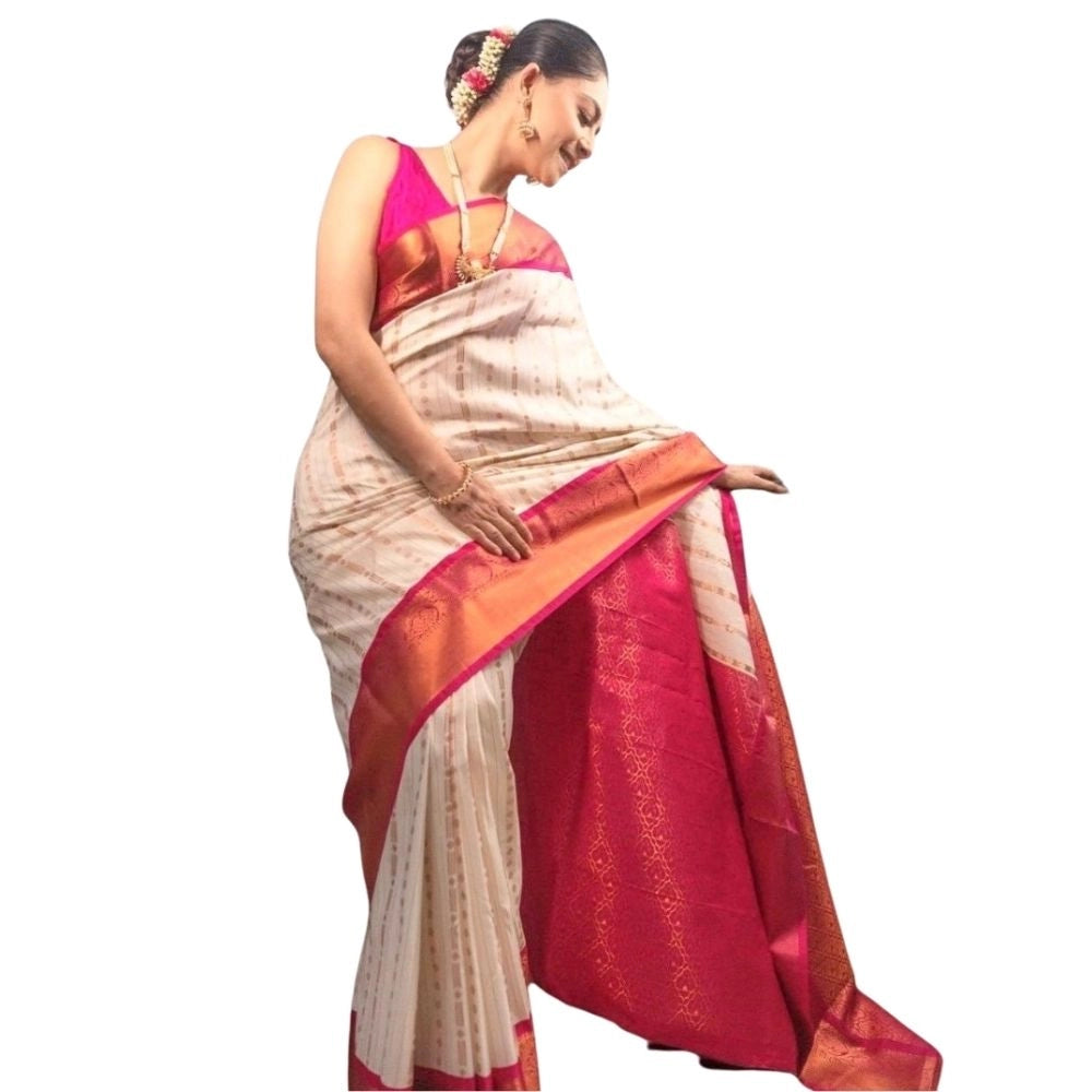 Generic Women's Silk Printed Saree With Unstitched Blouse 5.5Mtr (White-Pink) Main image