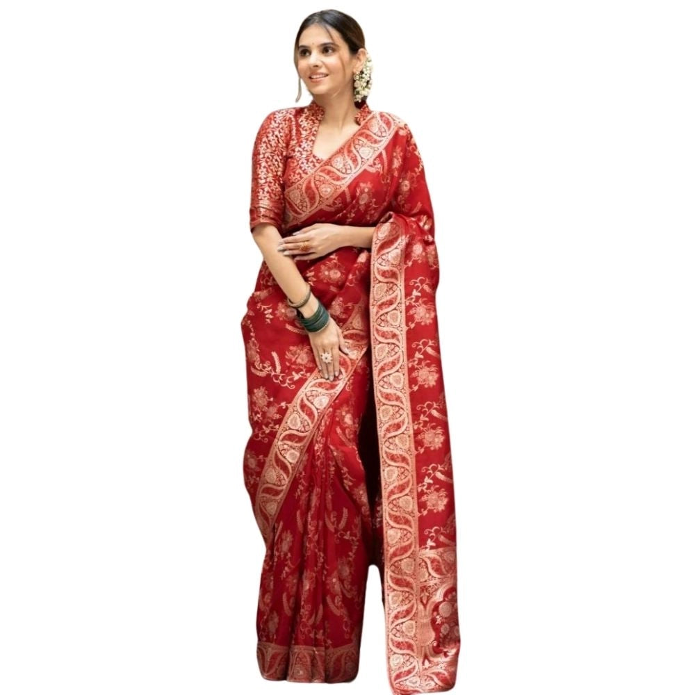 Generic Women's Silk Printed Saree With Unstitched Blouse 5.5Mtr (Red) Main image