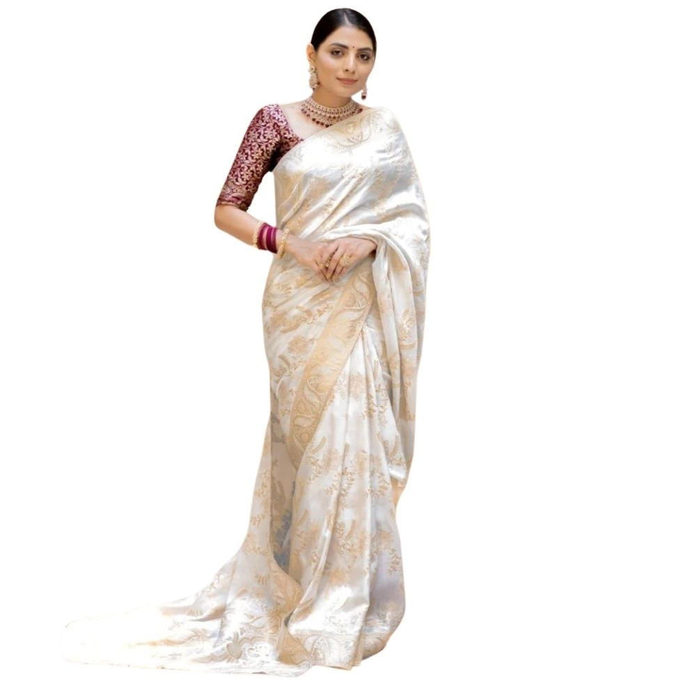 Generic Women's Silk Printed Saree With Unstitched Blouse 5.5Mtr (White) Main image