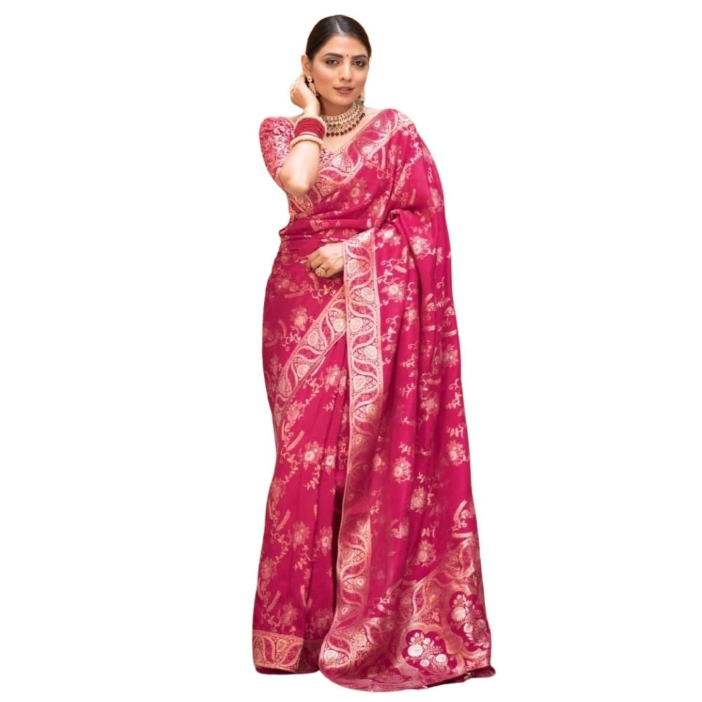 Generic Women's Silk Printed Saree With Unstitched Blouse 5.5Mtr (Pink) Main image