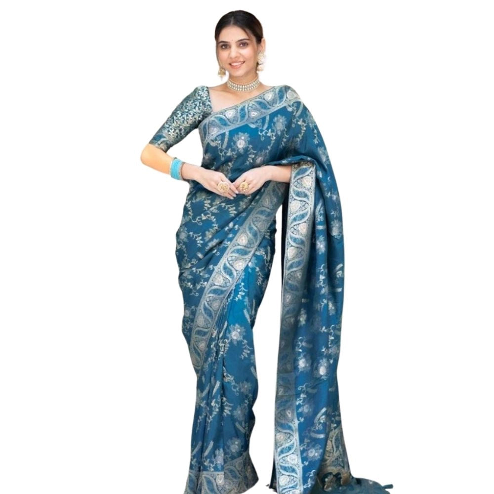 Generic Women's Silk Printed Saree With Unstitched Blouse 5.5Mtr (Teal Blue) Main image