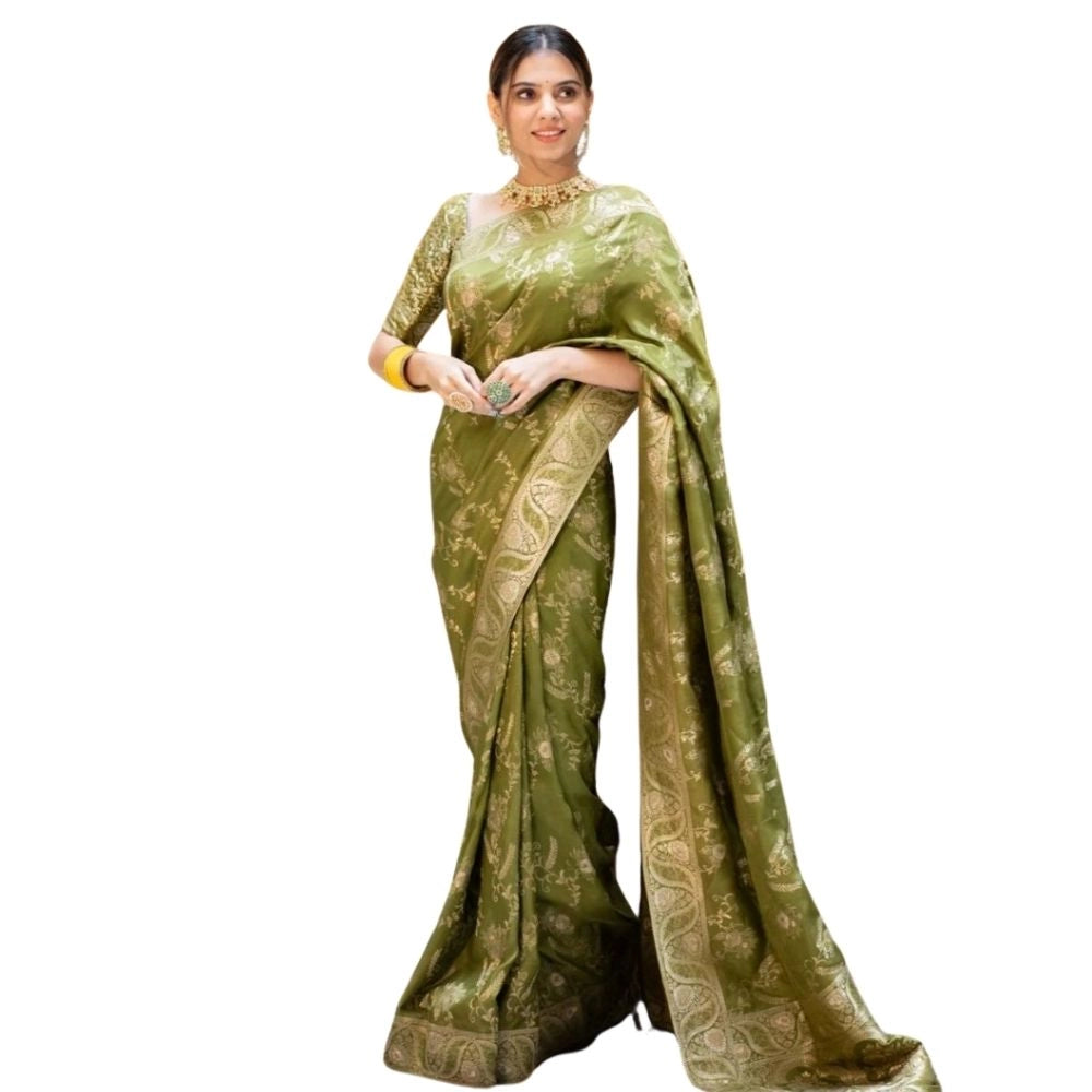 Generic Women's Silk Printed Saree With Unstitched Blouse 5.5Mtr (Olive Green) Main image