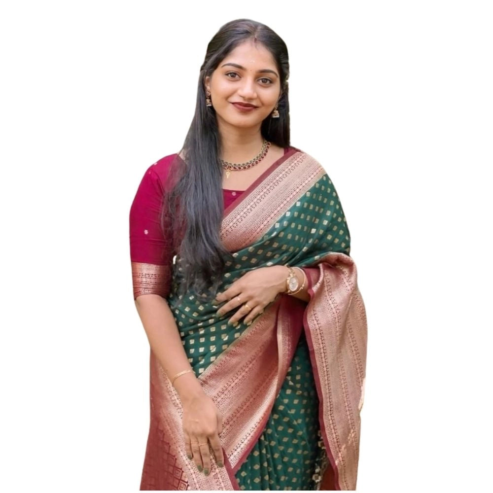 Generic Women's Silk Printed Saree With Unstitched Blouse 5.5Mtr (Green-Red) Main image