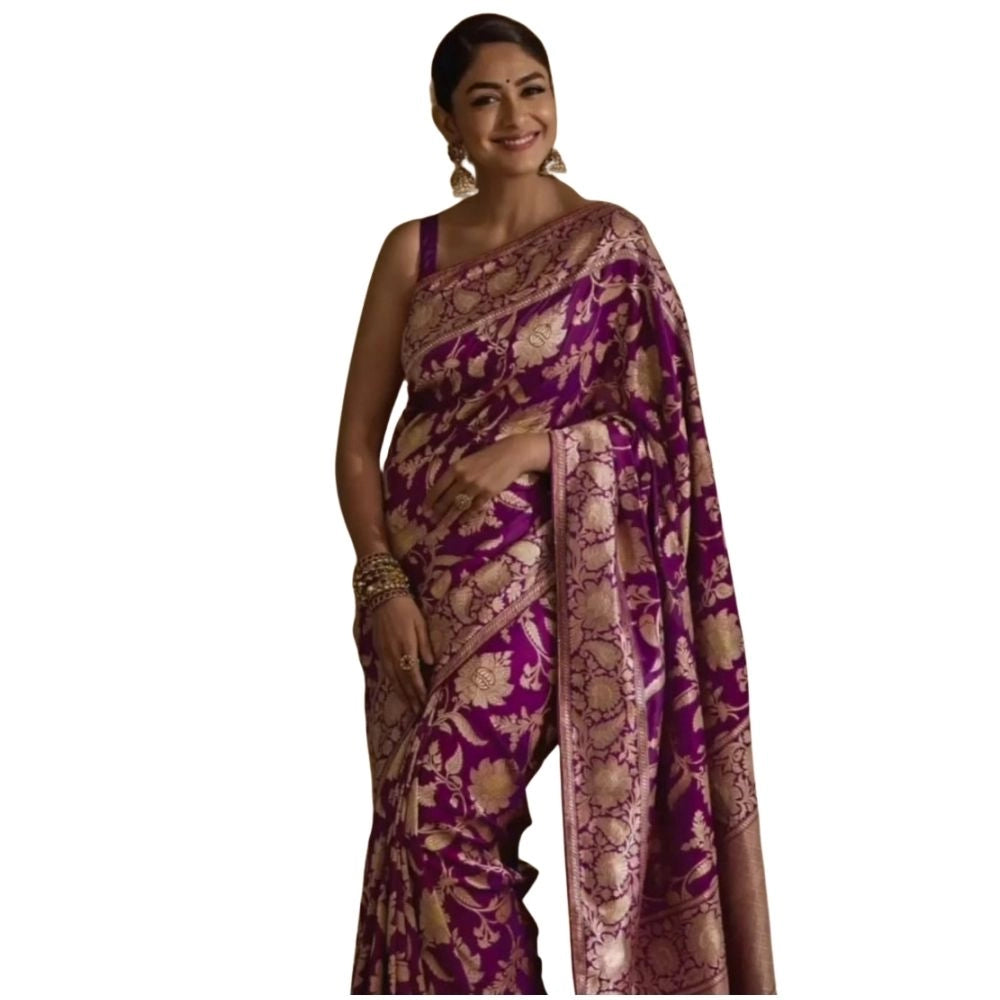 Generic Women's Silk Printed Saree With Unstitched Blouse 5.5Mtr (Purple) Main image
