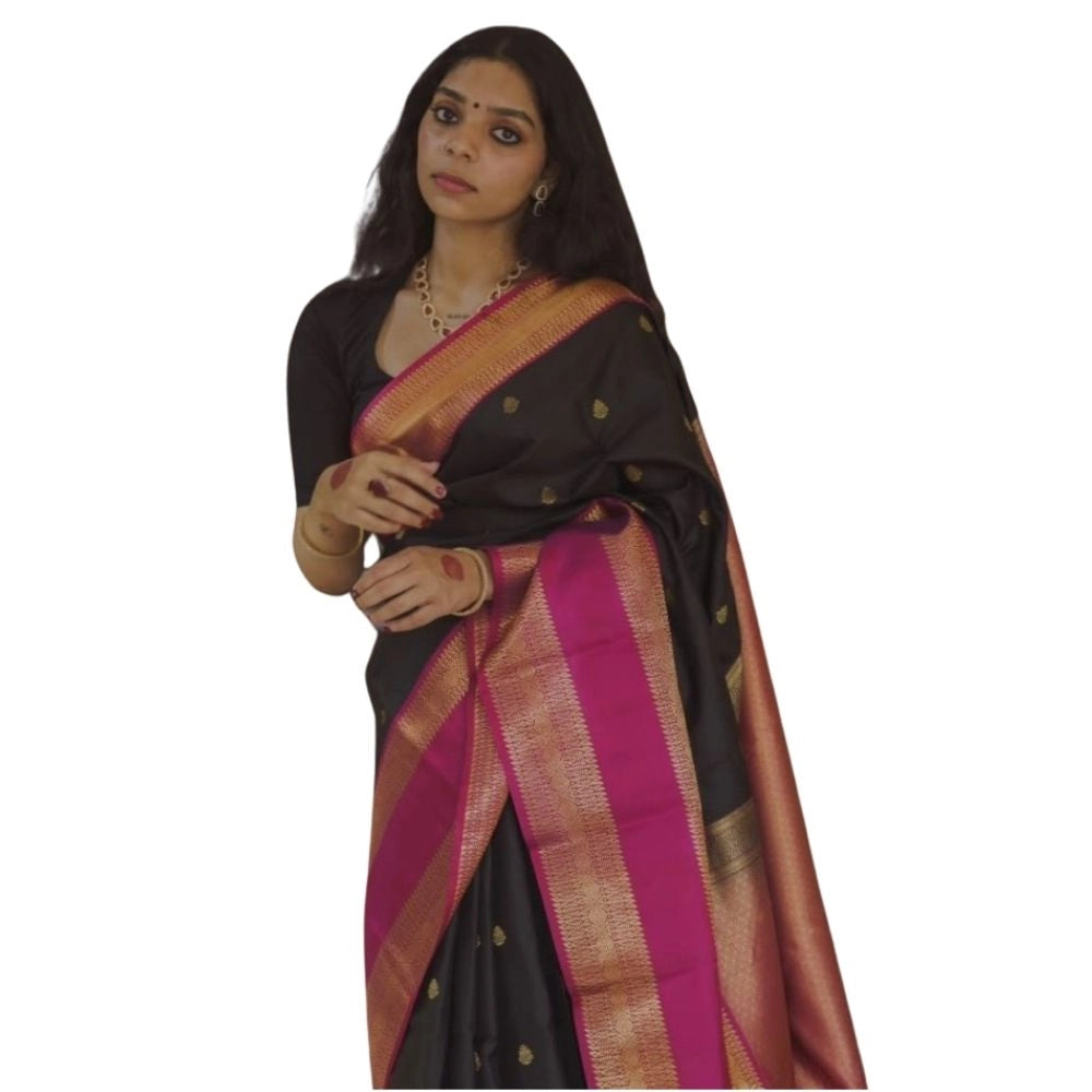 Generic Women's Silk Printed Saree With Unstitched Blouse 5.5Mtr (Black-Pink) Main image