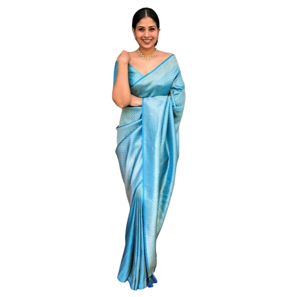 Generic Women's Silk Printed Saree With Unstitched Blouse 5.5Mtr (Sky Blue) Main image