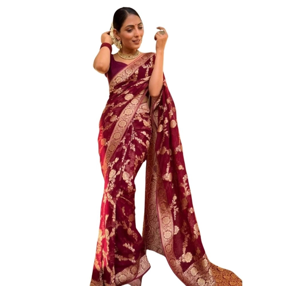 Generic Women's Silk Printed Saree With Unstitched Blouse 5.5Mtr (Maroon) Main image
