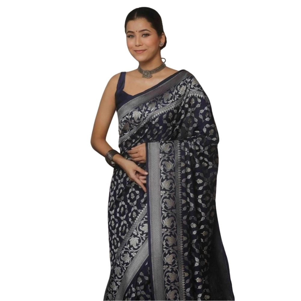 Generic Women's Silk Printed Saree With Unstitched Blouse 5.5Mtr (Navy Blue) Main image