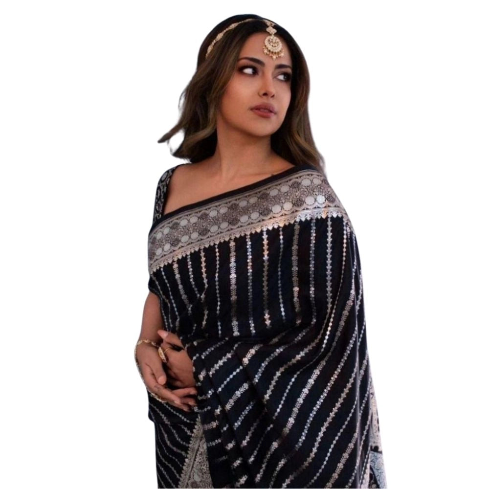 Generic Women's Silk Printed Saree With Unstitched Blouse 5.5Mtr (Black) Main image
