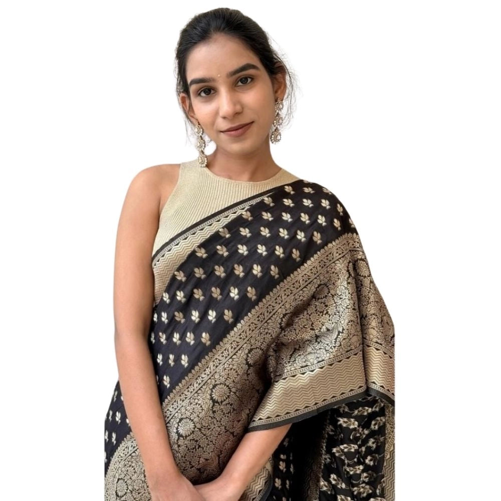 Generic Women's Silk Printed Saree With Unstitched Blouse 5.5Mtr (Black) Main image