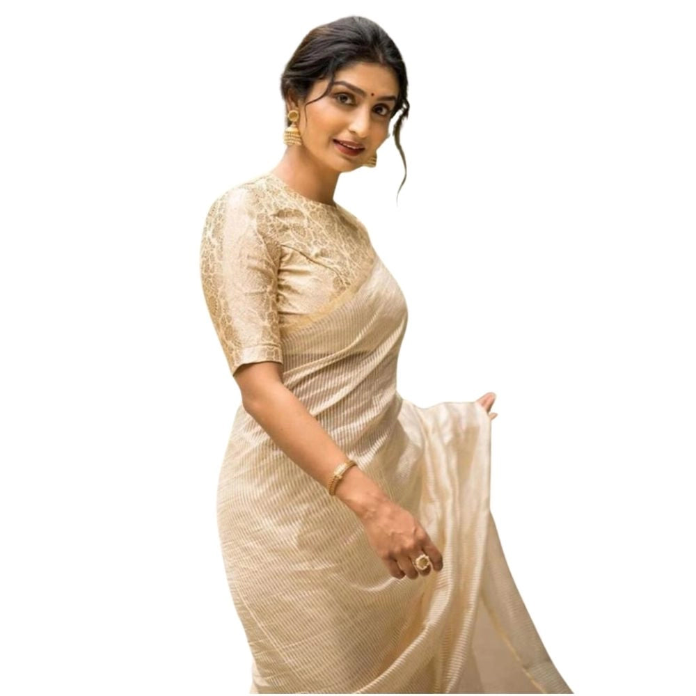 Generic Women's Silk Printed Saree With Unstitched Blouse 5.5Mtr (Off White) Main image