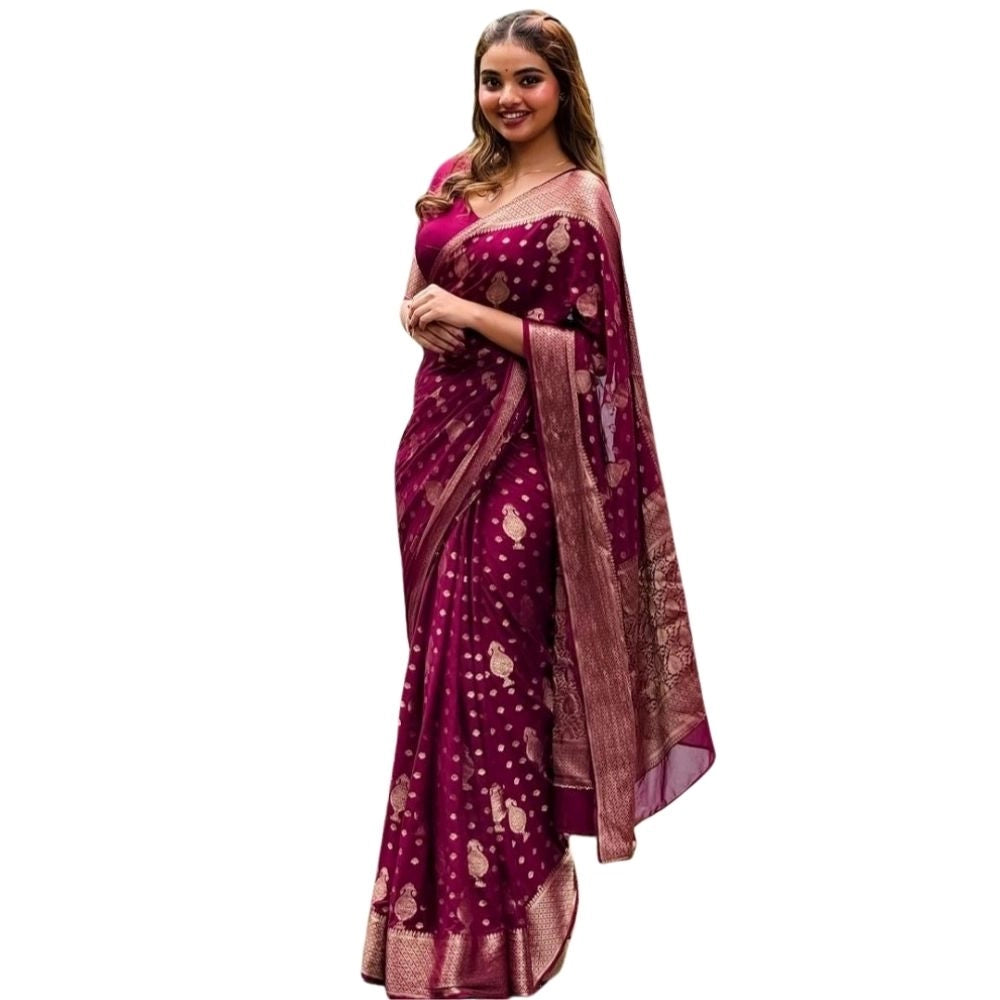 Generic Women's Silk Printed Saree With Unstitched Blouse 5.5Mtr (Wine) Main image