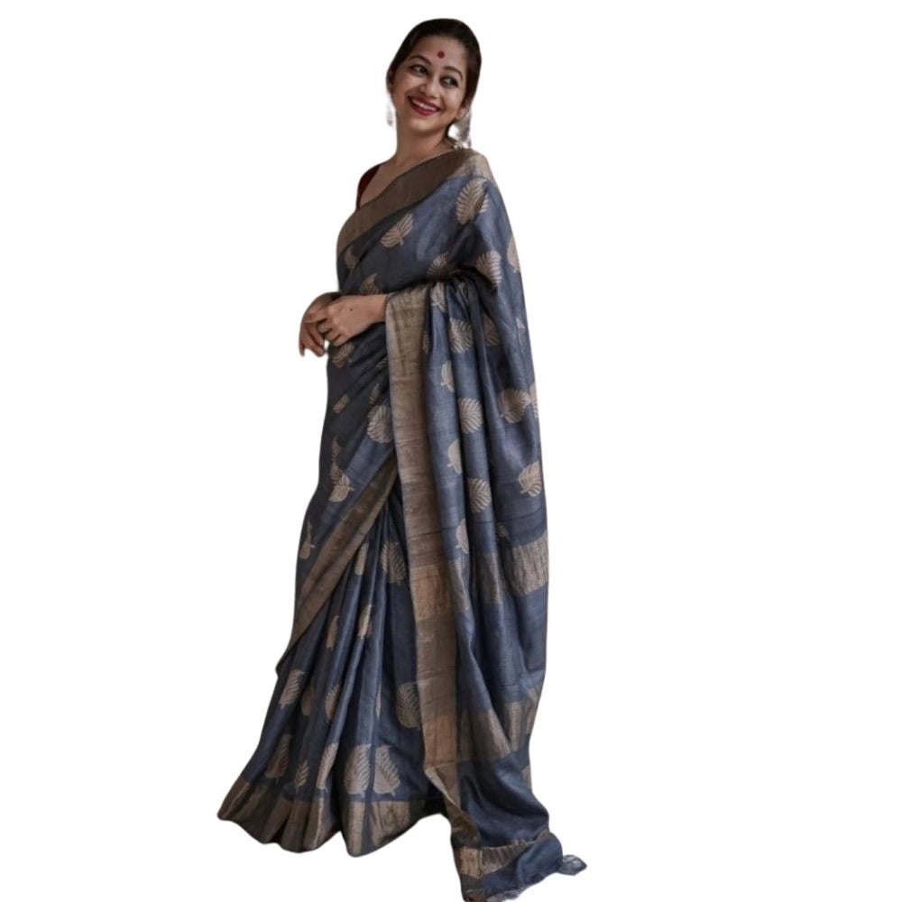 Generic Women's Silk Printed Saree With Unstitched Blouse 5.5Mtr (Grey) Main image