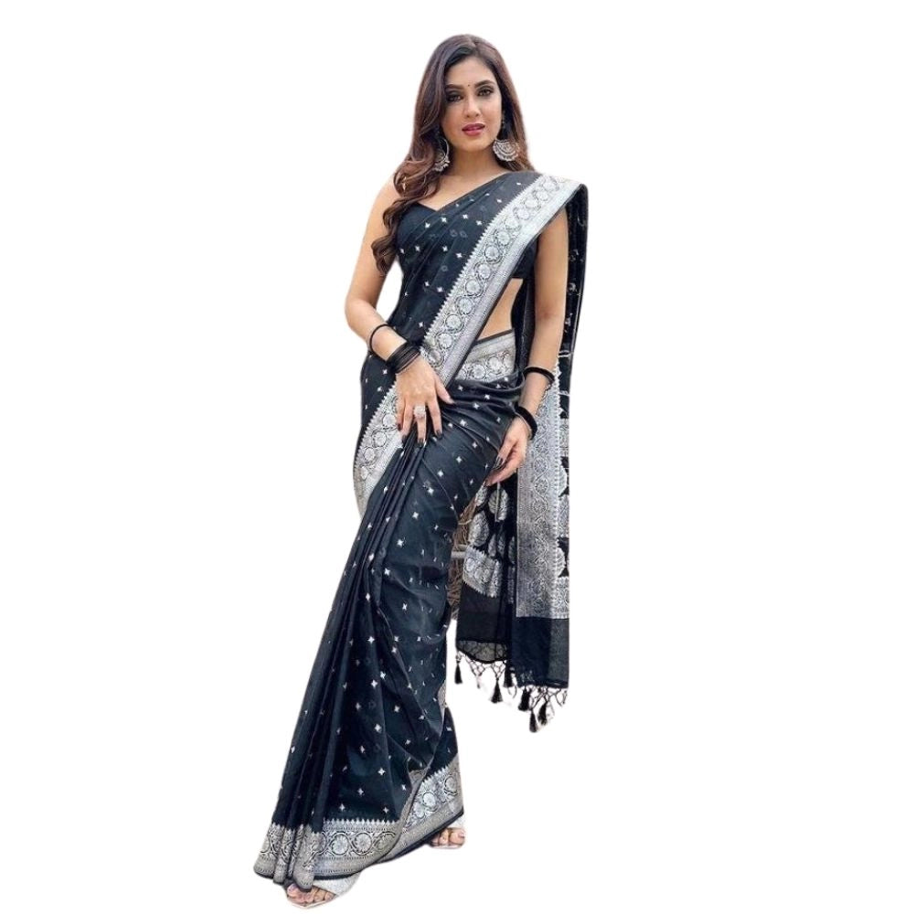 Generic Women's Silk Printed Saree With Unstitched Blouse 5.5Mtr (Black) Main image