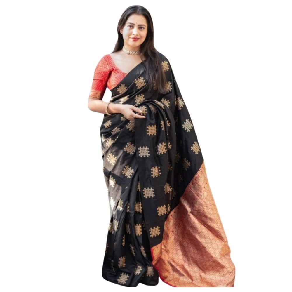 Generic Women's Silk Printed Saree With Unstitched Blouse 5.5Mtr (Blacl-Orange) Main image