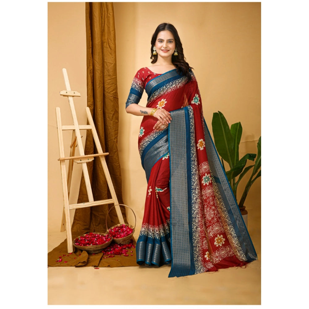 Generic Women's Soft Blooming Marshmallow Fabric Kalamkari Printed Saree With Unstitched Blouse 5.5Mtr (Red) Main image