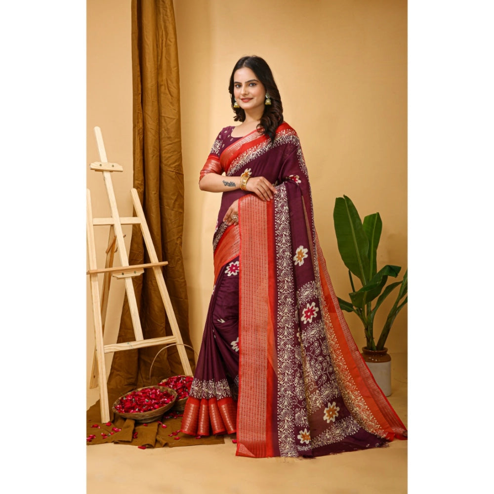 Generic Women's Soft Blooming Marshmallow Fabric Kalamkari Printed Saree With Unstitched Blouse 5.5Mtr (Wine) Secondary image