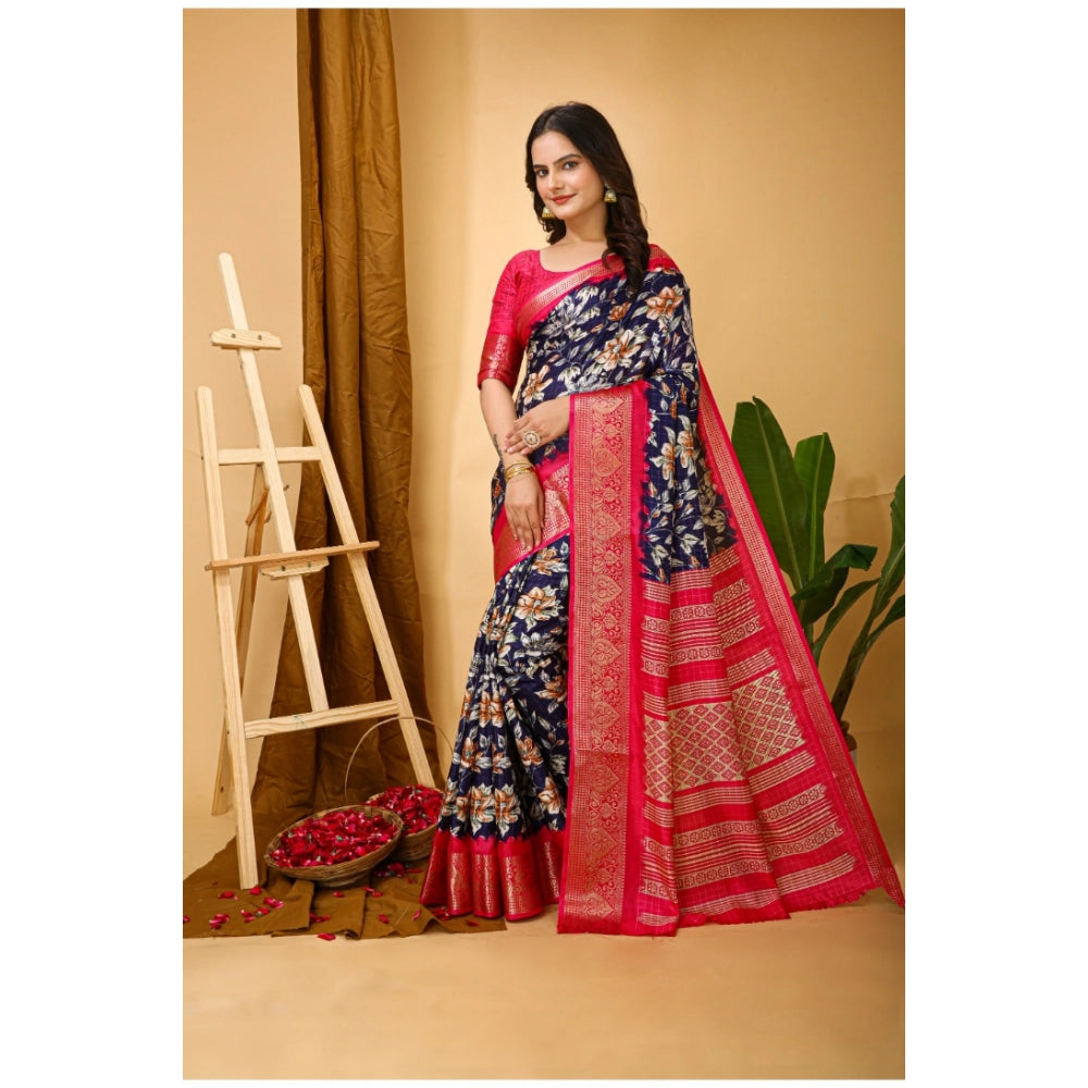 Generic Women's Soft Dola Cotton Kalamkari Printed Saree With Unstitched Blouse 5.5Mtr (Navy Blue) Secondary image