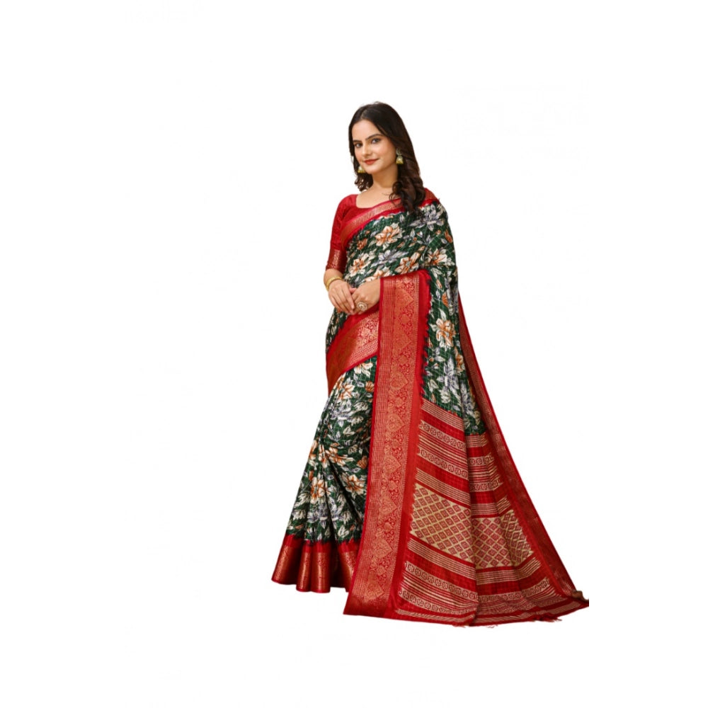 Generic Women's Soft Dola Cotton Kalamkari Printed Saree With Unstitched Blouse 5.5Mtr (Green) Main image