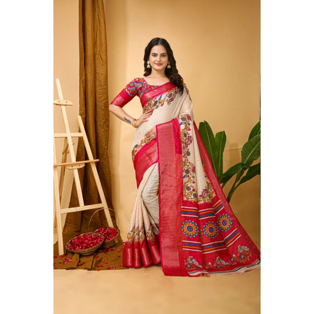 Generic Women's Soft Dola Cotton Kalamkari Printed Saree With Unstitched Blouse 5.5Mtr (Red) Secondary image