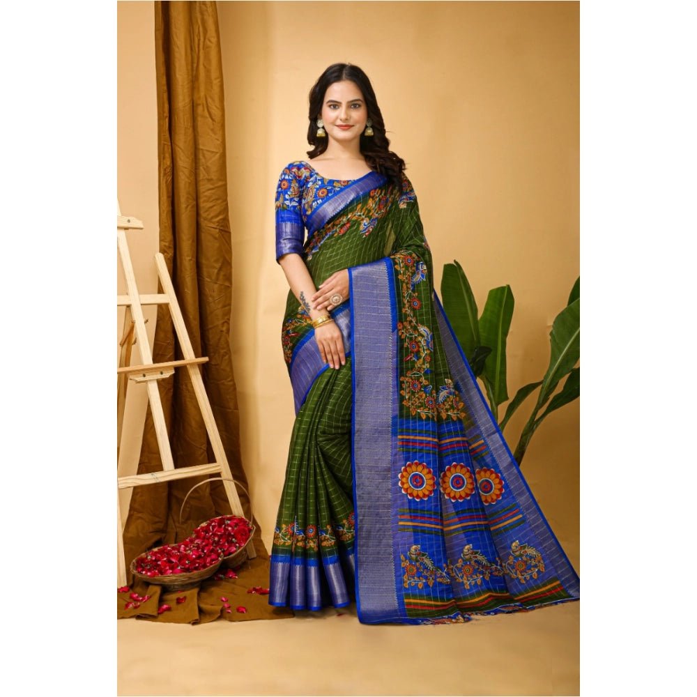 Generic Women's Soft Dola Cotton Kalamkari Printed Saree With Unstitched Blouse 5.5Mtr (Mehendi) Secondary image