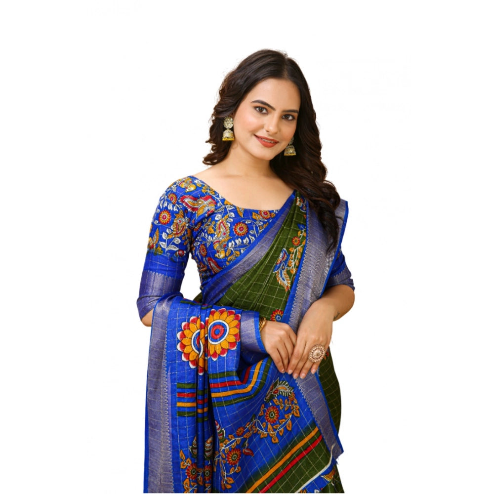 Generic Women's Soft Dola Cotton Kalamkari Printed Saree With Unstitched Blouse 5.5Mtr (Mehendi) Main image