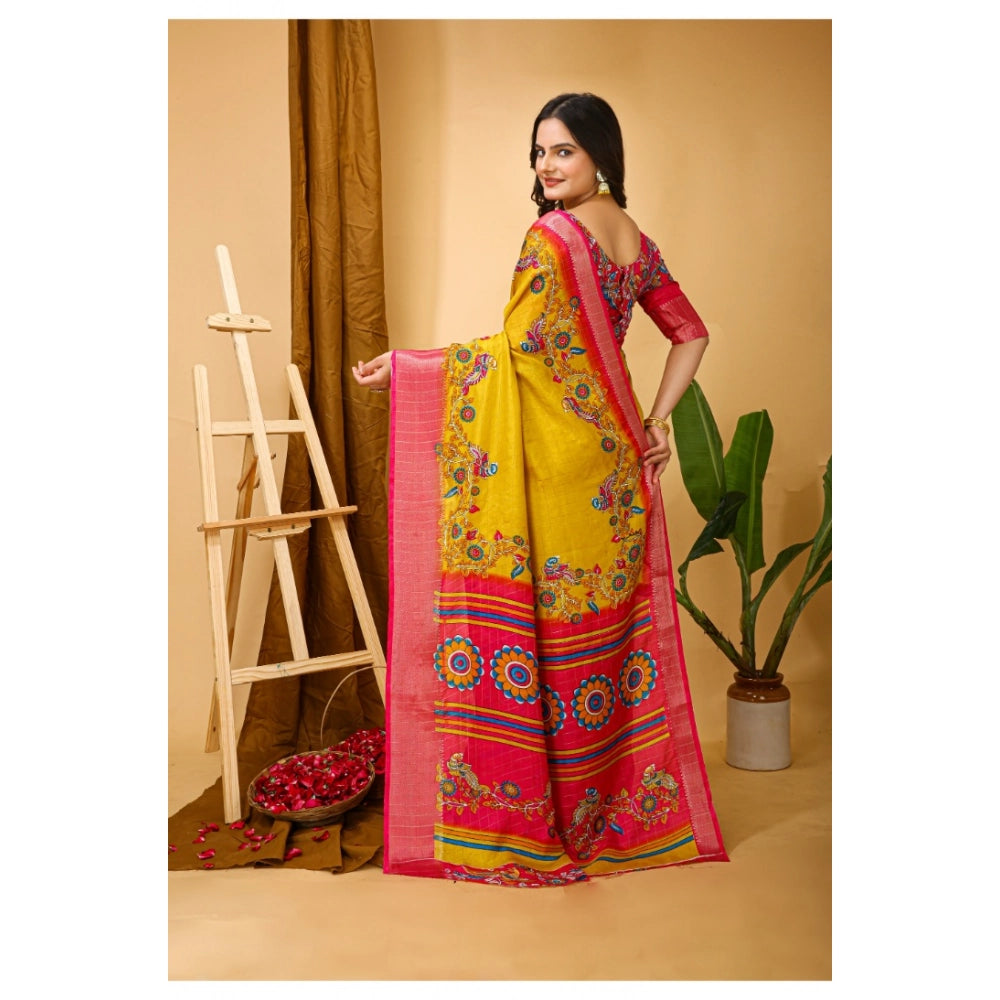 Generic Women's Soft Dola Cotton Kalamkari Printed Saree With Unstitched Blouse 5.5Mtr (Yellow)