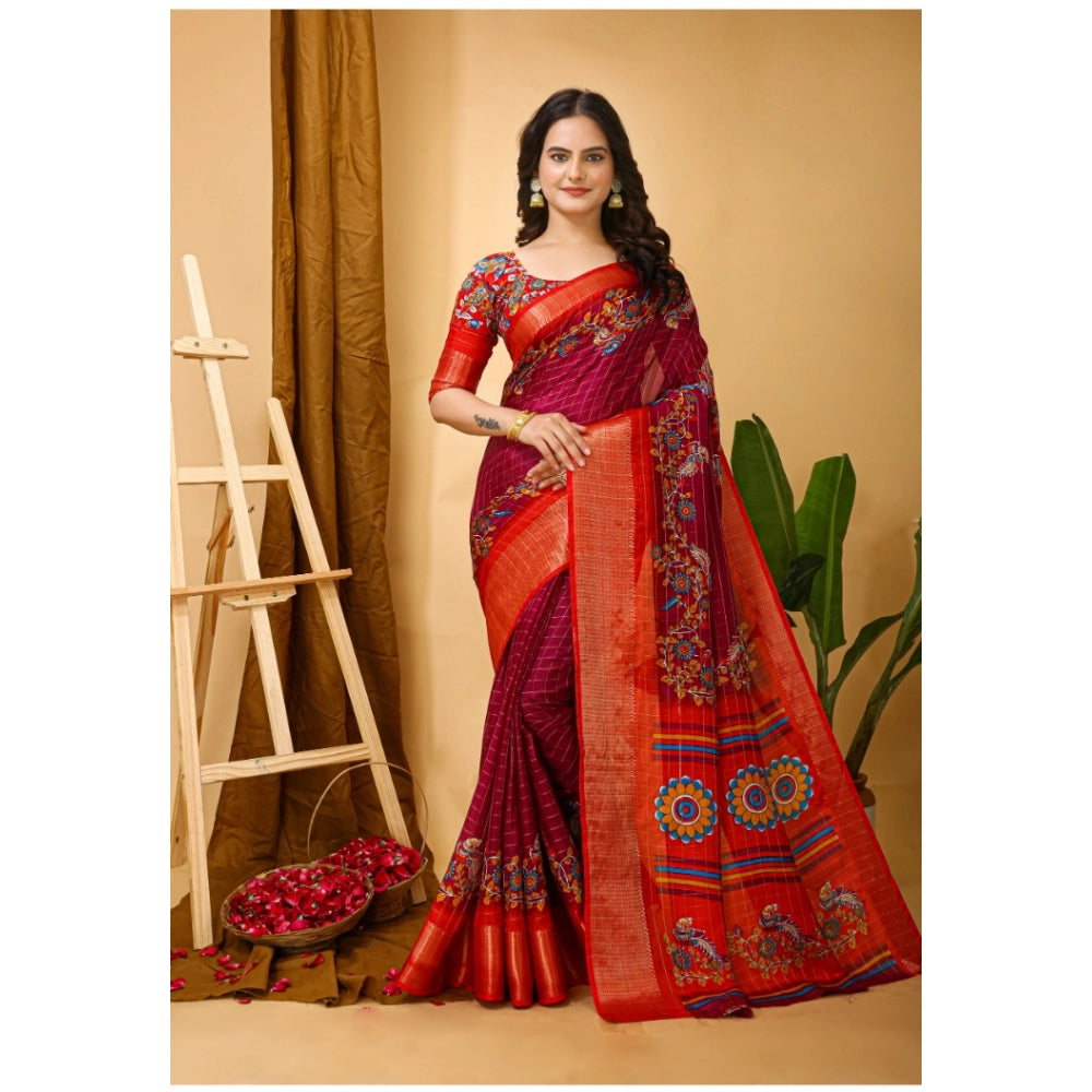 Generic Women's Soft Dola Cotton Kalamkari Printed Saree With Unstitched Blouse 5.5Mtr (Maroon) Secondary image