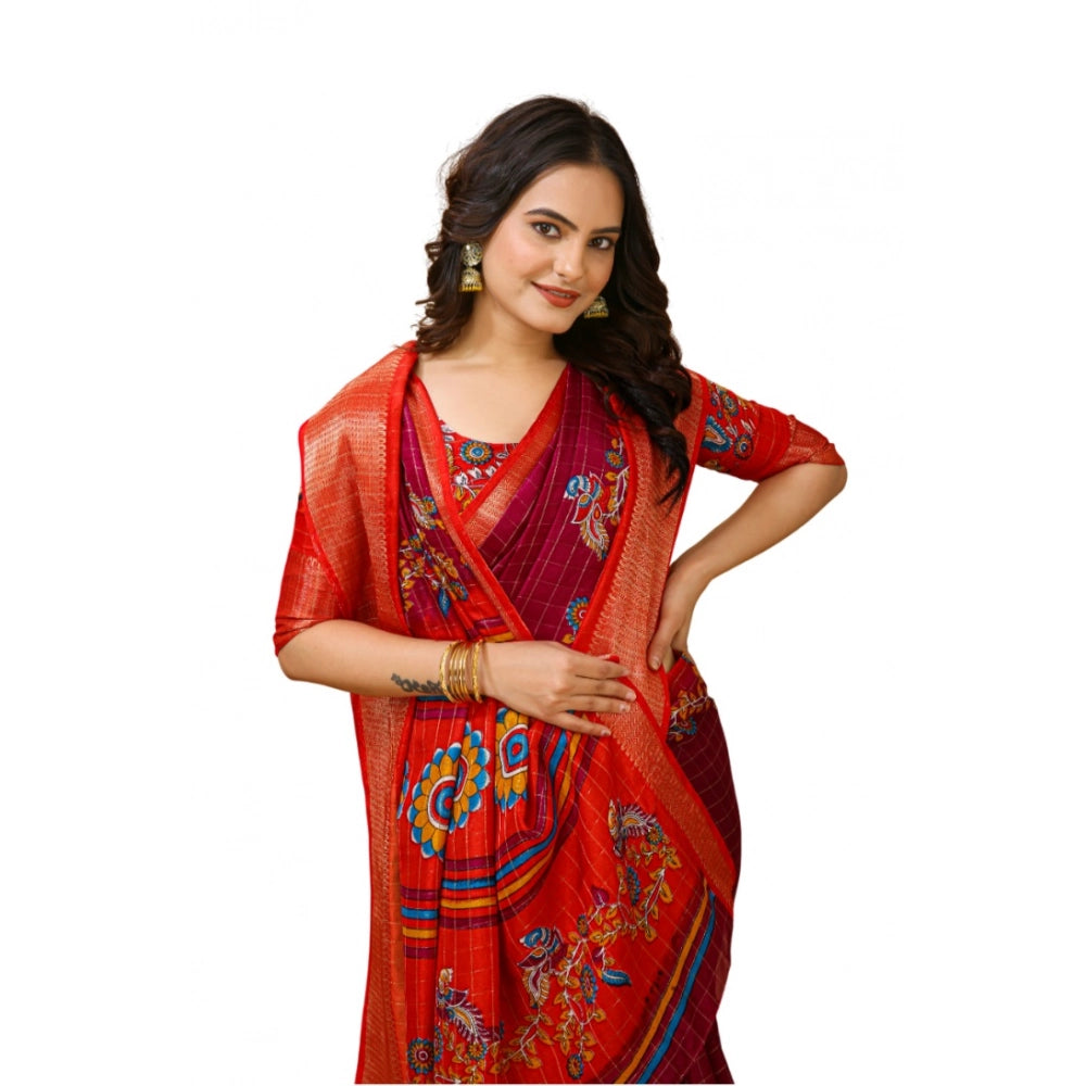 Generic Women's Soft Dola Cotton Kalamkari Printed Saree With Unstitched Blouse 5.5Mtr (Maroon) Main image