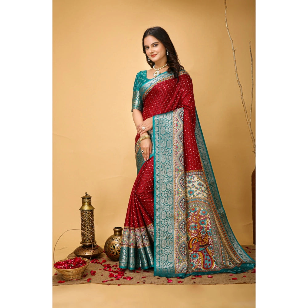 Generic Women's Soft Dola Cotton Kalamkari Printed Saree With Unstitched Blouse 5.5Mtr (Red) Secondary image