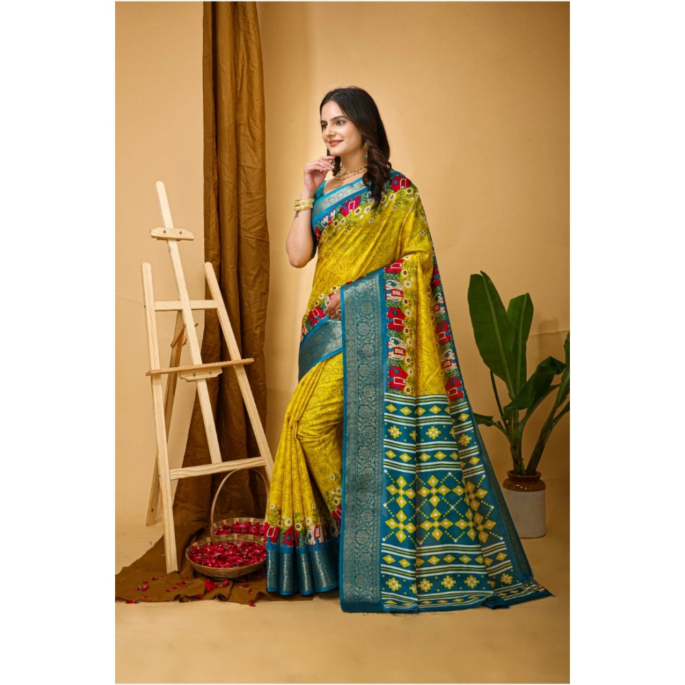 Generic Women's Soft Dola Cotton Kalamkari Printed Saree With Unstitched Blouse 5.5Mtr (Yellow) Secondary image