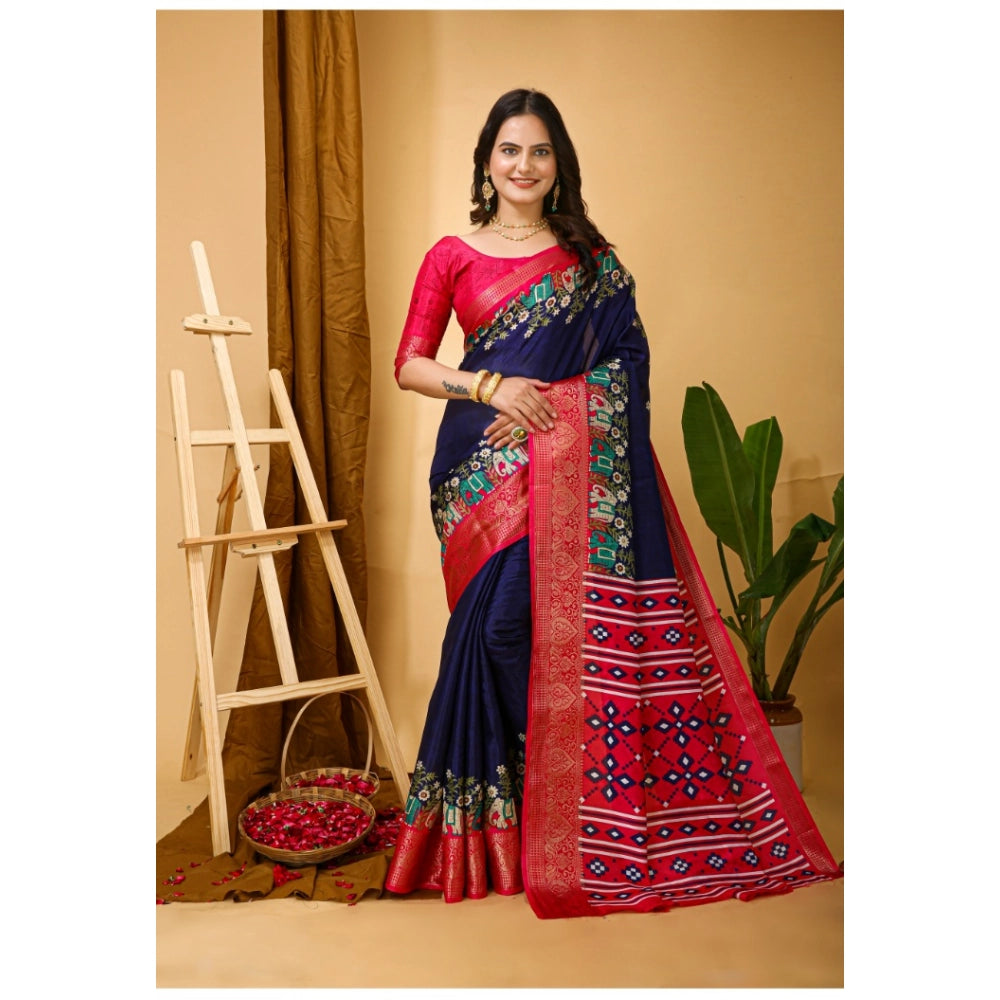 Generic Women's Soft Dola Cotton Kalamkari Printed Saree With Unstitched Blouse 5.5Mtr (Navy Blue) Main image