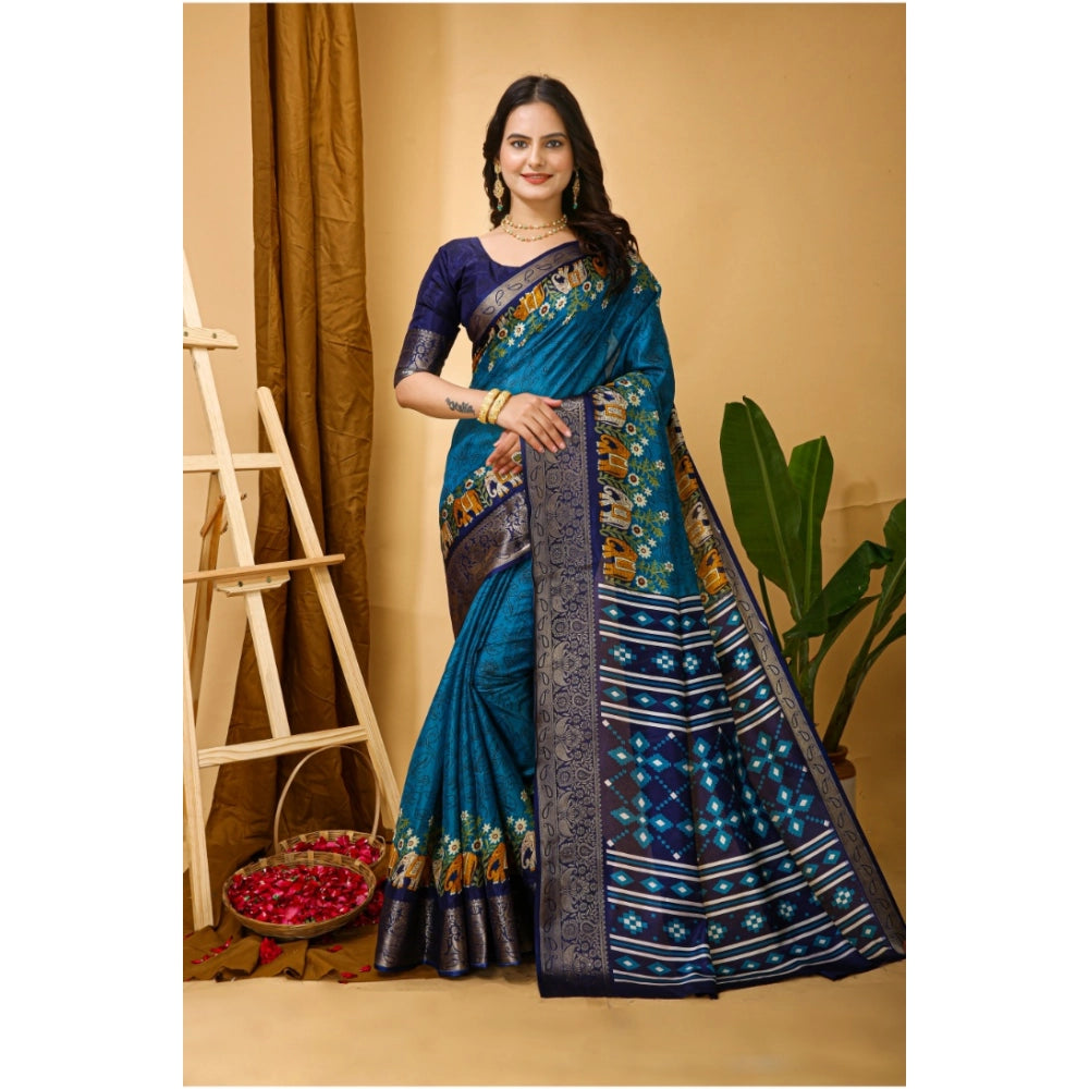 Generic Women's Soft Dola Cotton Kalamkari Printed Saree With Unstitched Blouse 5.5Mtr (Blue) Main image