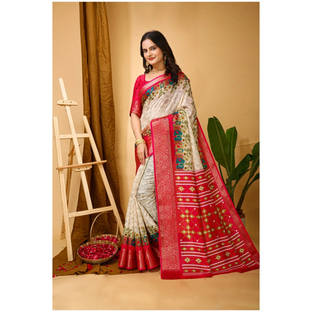 Generic Women's Soft Dola Cotton Kalamkari Printed Saree With Unstitched Blouse 5.5Mtr (White) Secondary image