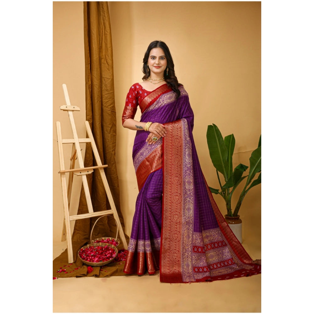 Generic Women's Soft Dola Cotton Kalamkari Printed Saree With Unstitched Blouse 5.5Mtr (Purple) Main image