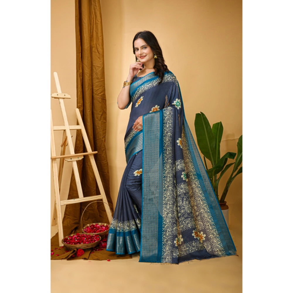 Generic Women's Soft Blooming Marshmallow Fabric Kalamkari Printed Saree With Unstitched Blouse 5.5Mtr (Grey) Secondary image