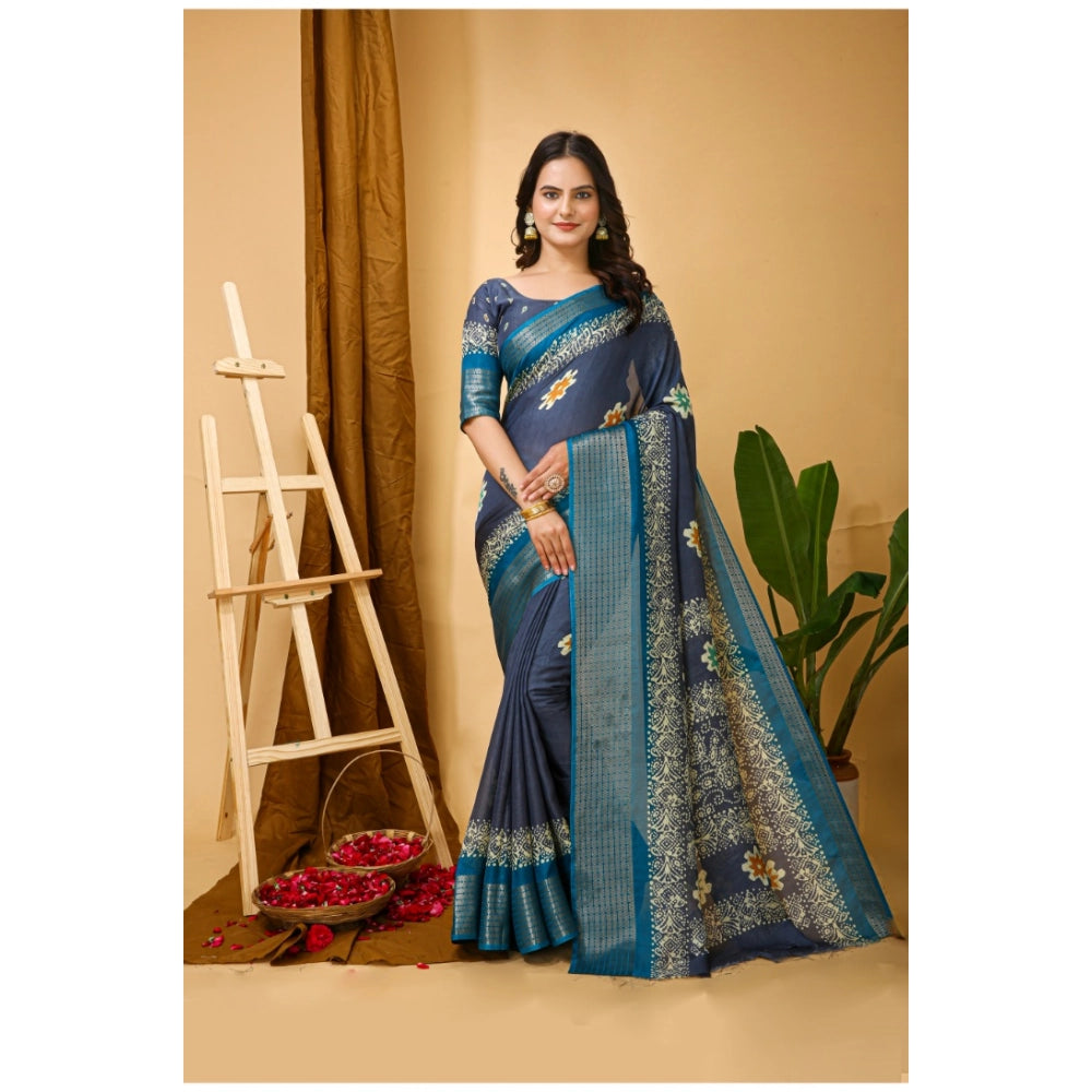 Generic Women's Soft Blooming Marshmallow Fabric Kalamkari Printed Saree With Unstitched Blouse 5.5Mtr (Grey) Main image