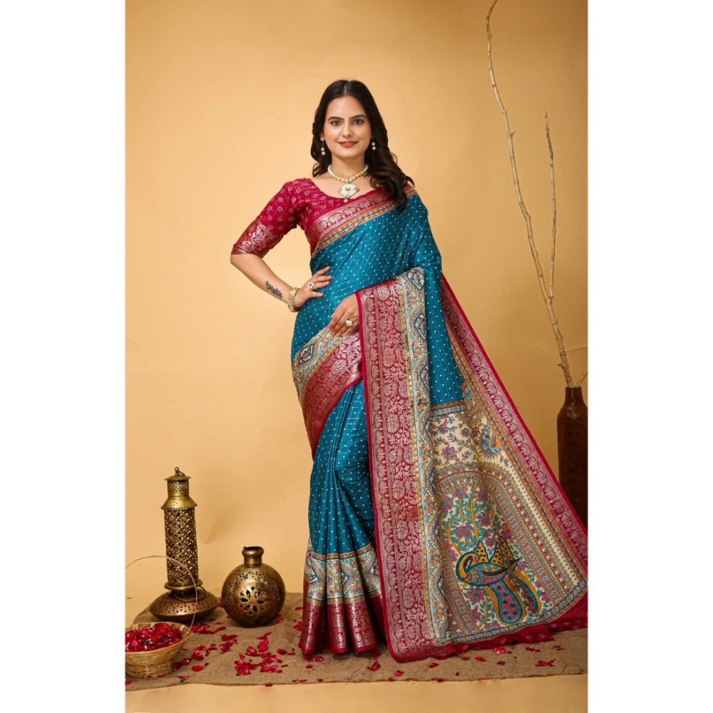 Generic Women's Soft Dola Cotton Kalamkari Printed Saree With Unstitched Blouse 5.5Mtr (Sky Blue) Main image