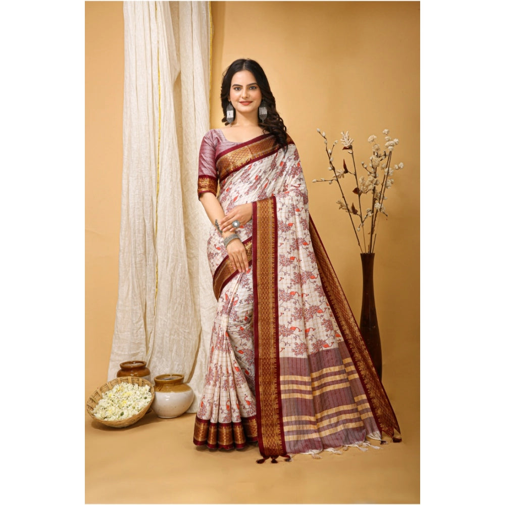 Generic Women's Soft Cotton Silk Printed Saree With Unstitched Blouse 5.5Mtr (Maroon) Main image