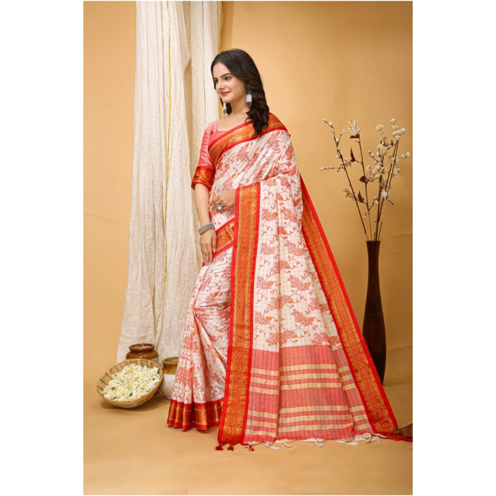 Generic Women's Soft Cotton Silk Printed Saree With Unstitched Blouse 5.5Mtr (Red) Secondary image