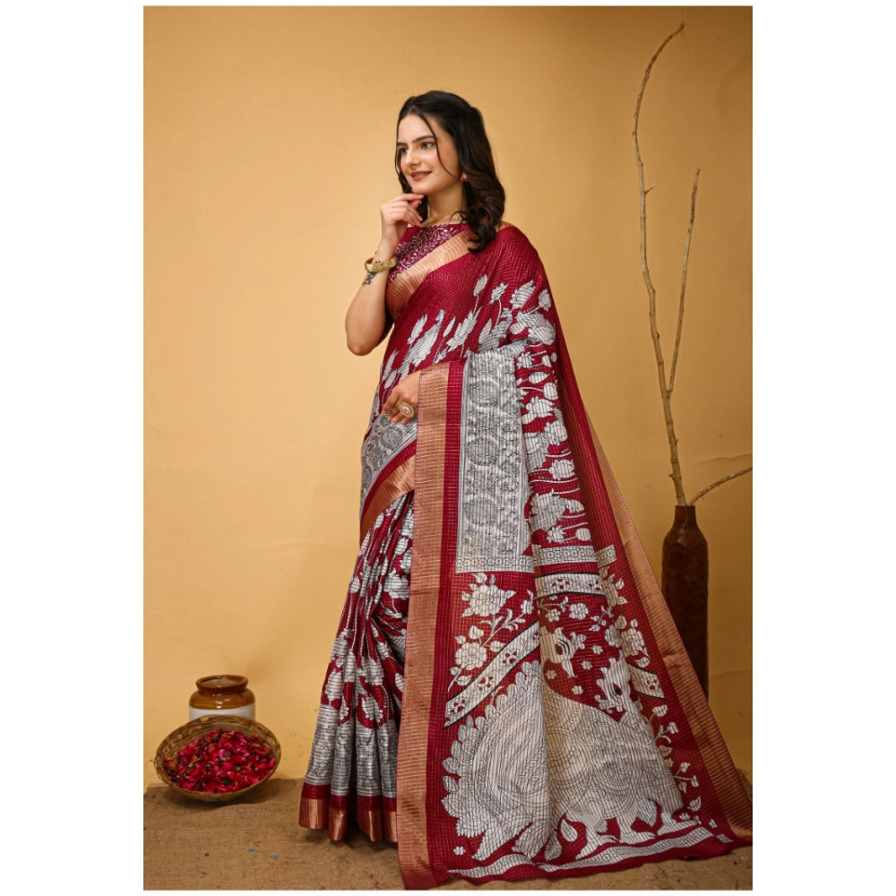Generic Women's Soft Handloom Cotton Kalamkari Printed Saree With Unstitched Blouse 5.5Mtr (Maroon) Secondary image