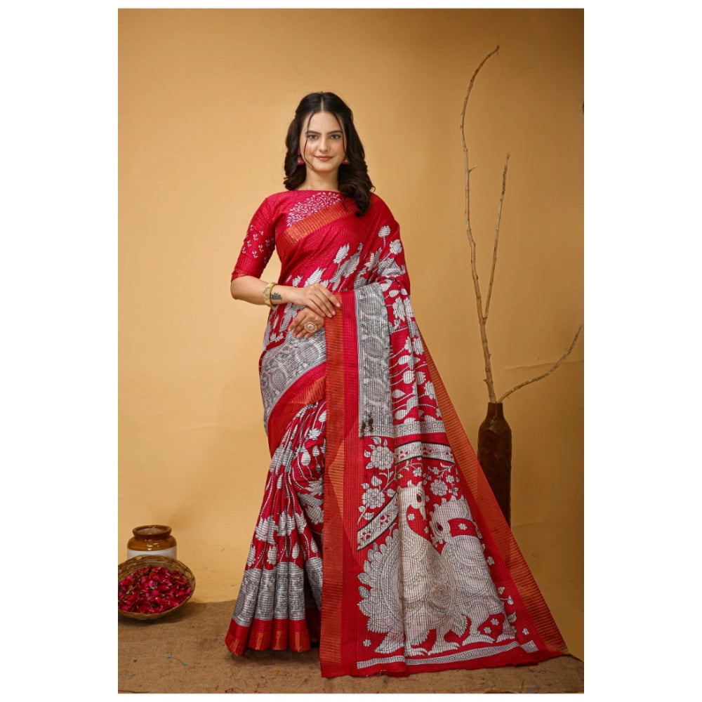 Generic Women's Soft Handloom Cotton Kalamkari Printed Saree With Unstitched Blouse 5.5Mtr (Pink) Main image