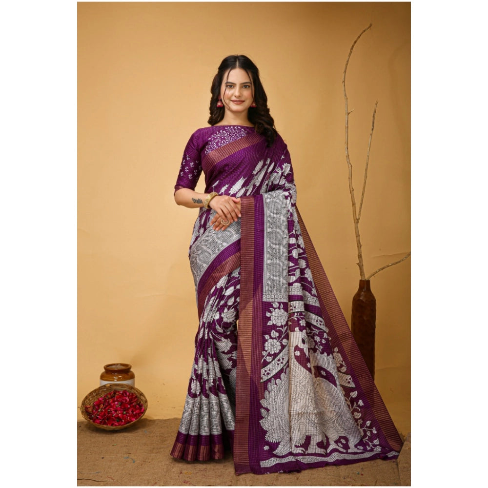 Generic Women's Soft Handloom Cotton Kalamkari Printed Saree With Unstitched Blouse 5.5Mtr (Purple) Main image