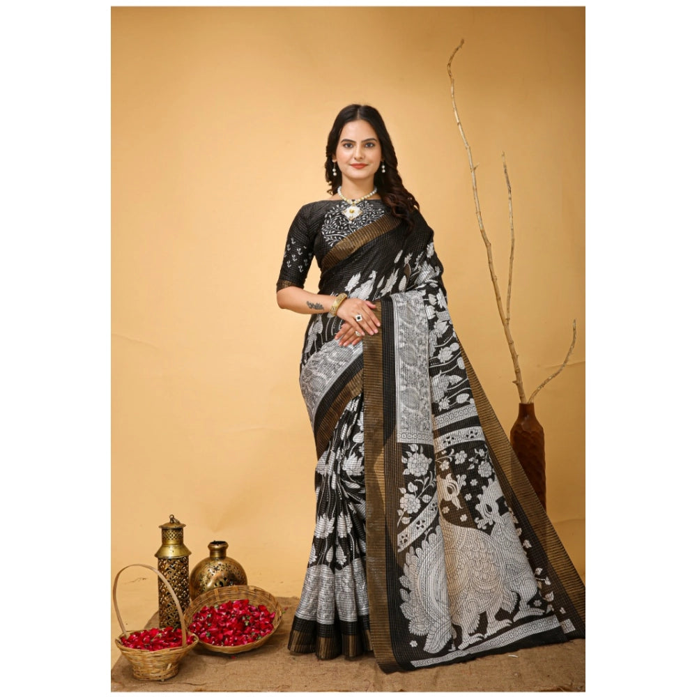 Generic Women's Soft Handloom Cotton Kalamkari Printed Saree With Unstitched Blouse 5.5Mtr (Black) Main image