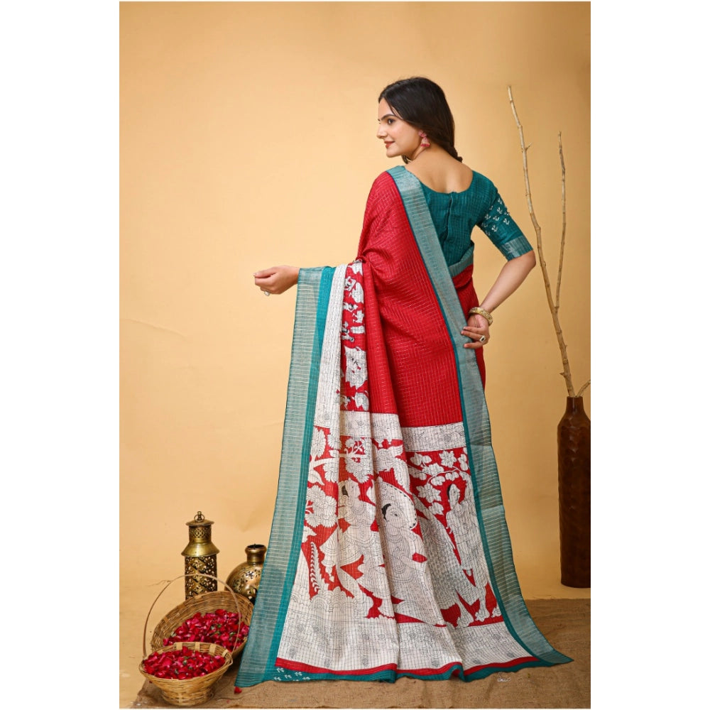 Generic Women's Soft Handloom Cotton Kalamkari Printed Saree With Unstitched Blouse 5.5Mtr (Red)