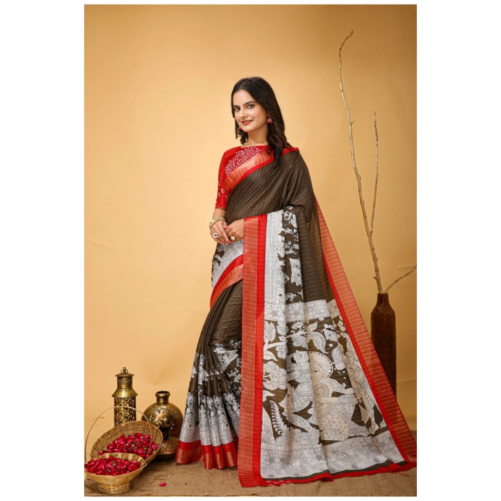 Generic Women's Soft Handloom Cotton Kalamkari Printed Saree With Unstitched Blouse 5.5Mtr (Brown) Secondary image