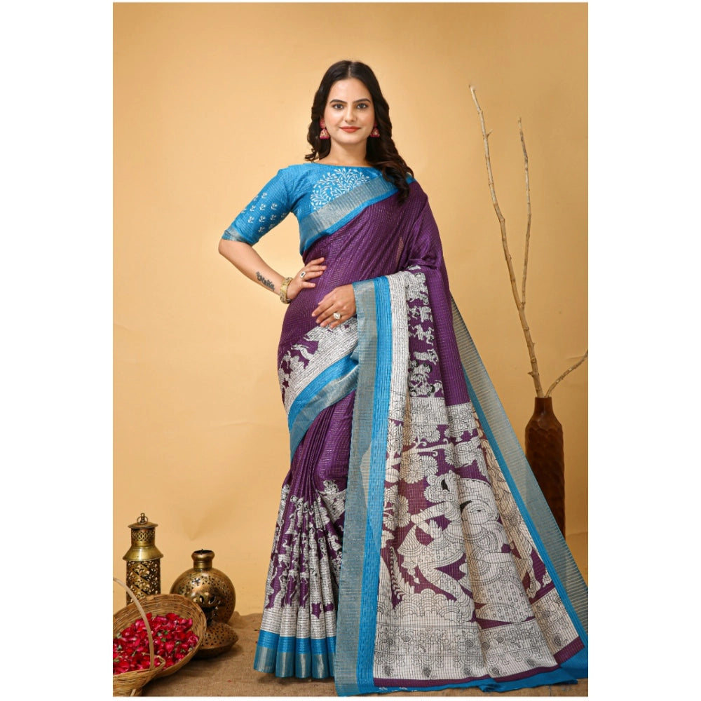 Generic Women's Soft Handloom Cotton Kalamkari Printed Saree With Unstitched Blouse 5.5Mtr (Purple) Main image