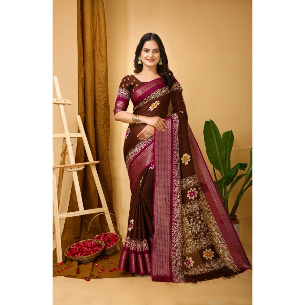 Generic Women's Soft Blooming Marshmallow Fabric Kalamkari Printed Saree With Unstitched Blouse 5.5Mtr (Maroon) Main image